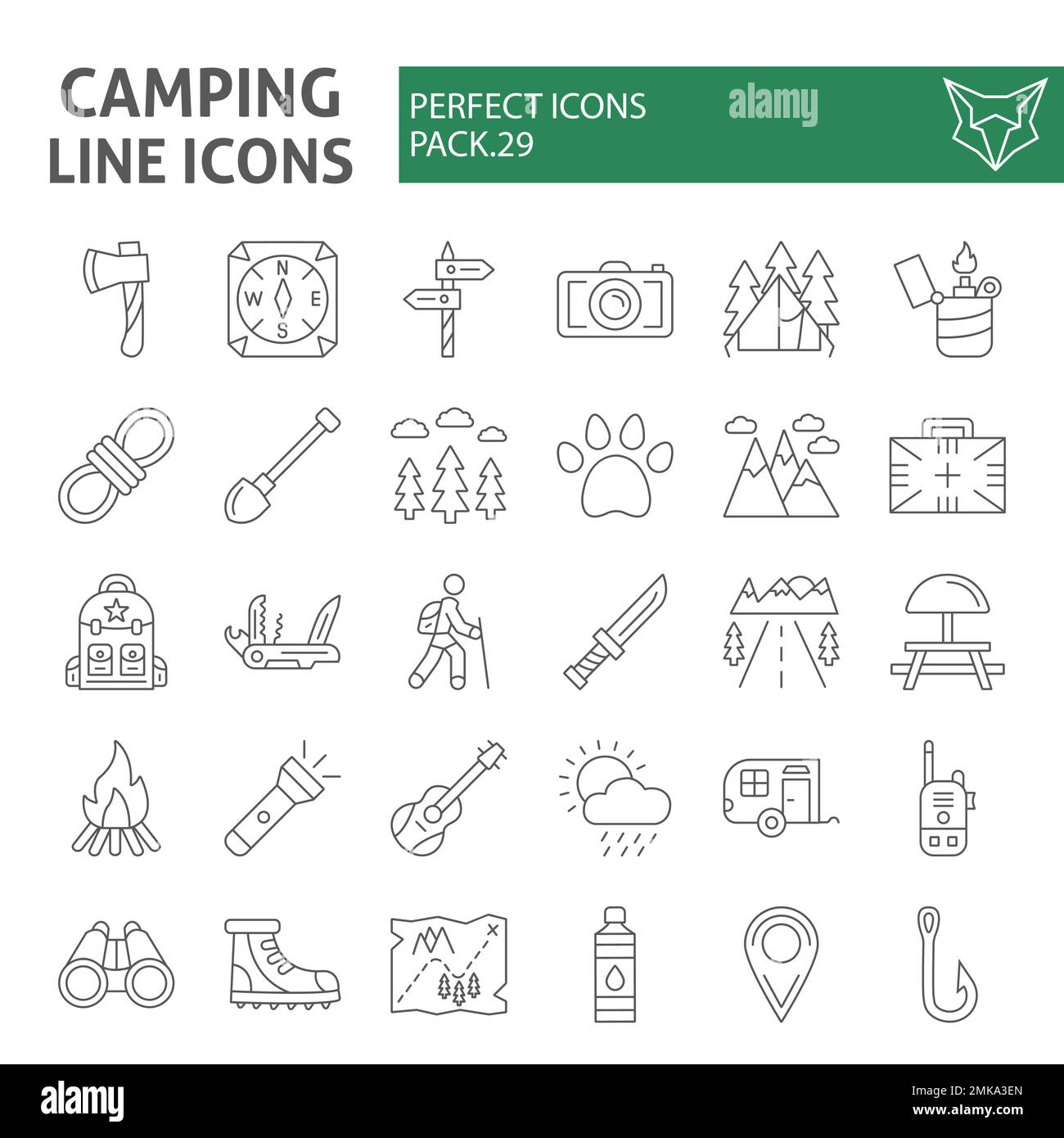 Camping dünne Linien Symbolset, Wandersymbole Sammlung, Vektorskizzen, Logos Illustrationen, Reisezeichen lineare Piktogramme Paket isoliert auf weißem Hintergrund, eps 10. Stock Vektor