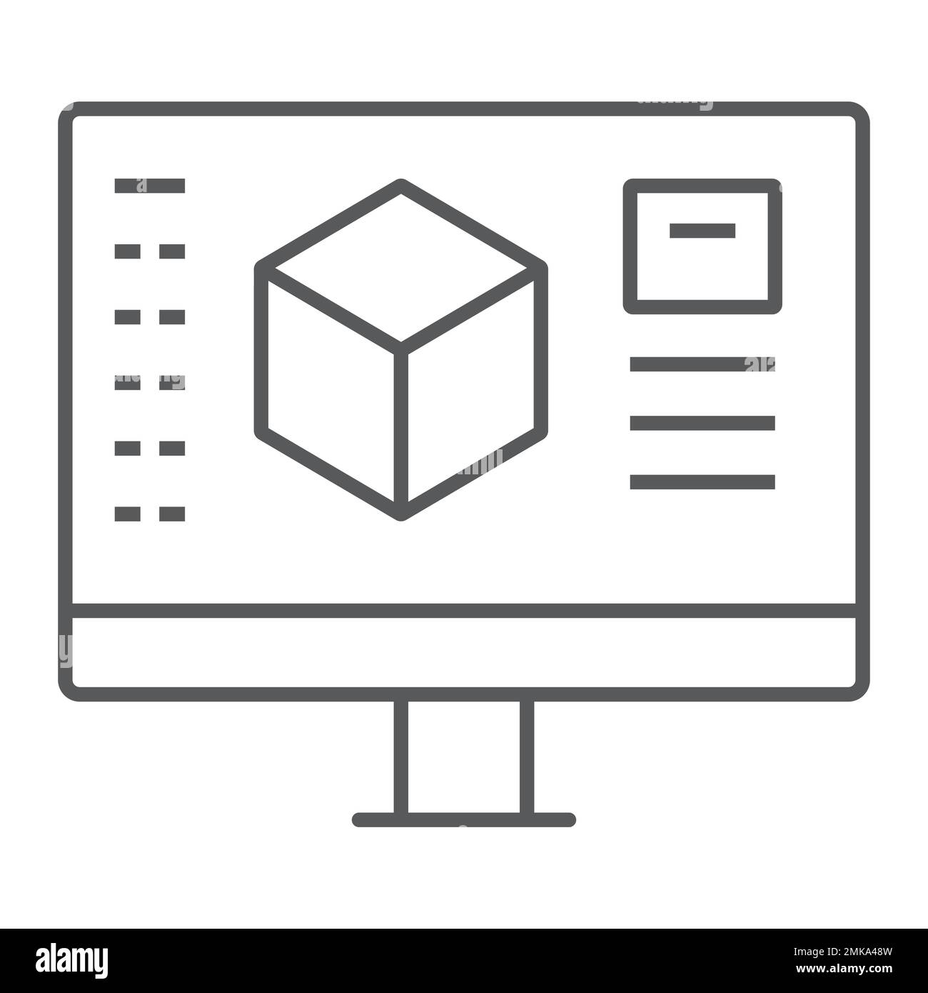 3D-Design dünnes Liniensymbol, Modell und Computer, 3D-Modellierungszeichen, Vektorgrafiken, lineares Muster auf weißem Hintergrund, eps 10. Stock Vektor