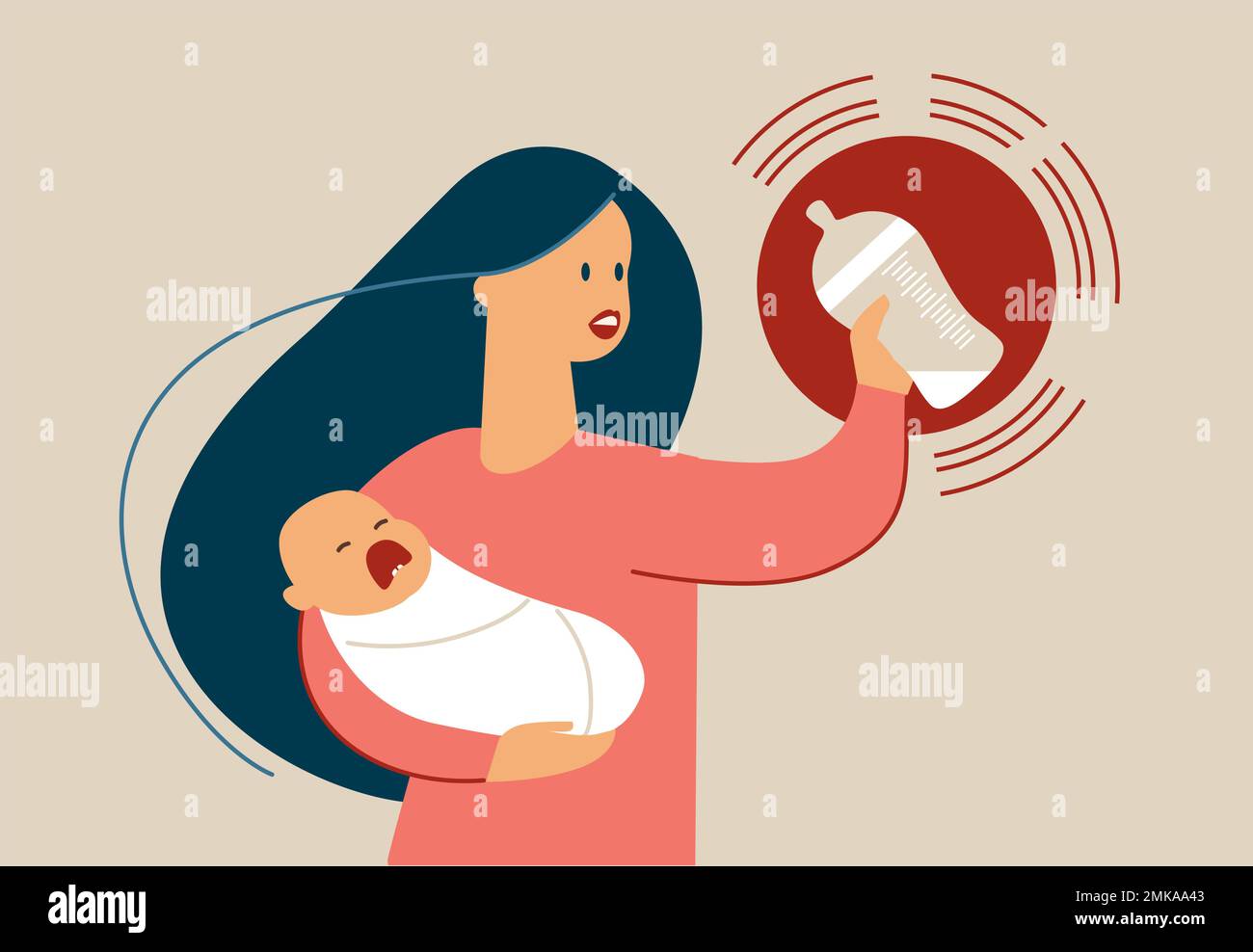 Mutter mit hungrigem weinendem Baby an den Händen, das eine Flasche mit Milchnahrung auf dem Boden hält. Babymilch-Krisenkonzept. Flacher Vektor Stock Vektor
