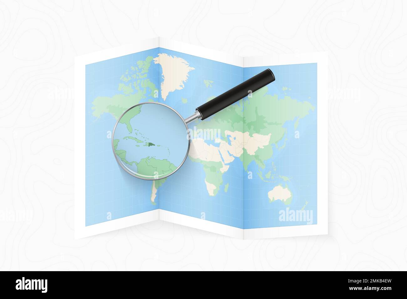 Vergrößern Sie die Dominikanische Republik mit einer Lupe auf einer gefalteten Weltkarte. Vektorpapierkarte. Stock Vektor