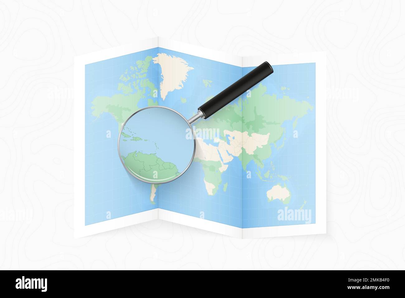 Vergrößern Sie St. Lucia mit einer Lupe auf einer gefalteten Weltkarte. Vektorpapierkarte. Stock Vektor