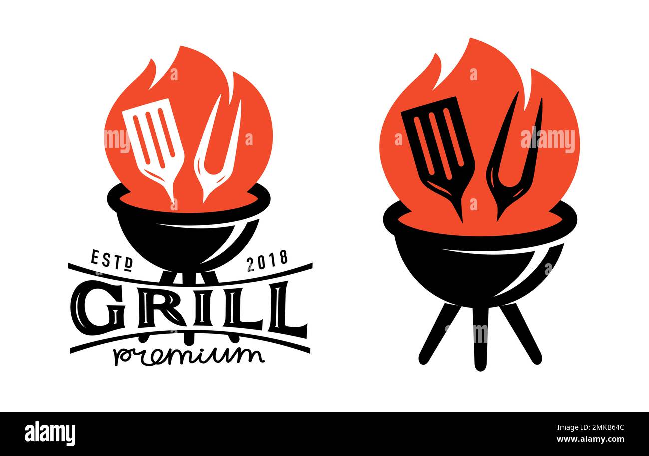 Grillgerichte, Barbecue-Logo oder Emblem. Brazier mit Feuer und Grillwerkzeugen, Symbol. Design für Restaurantmenü Stock Vektor