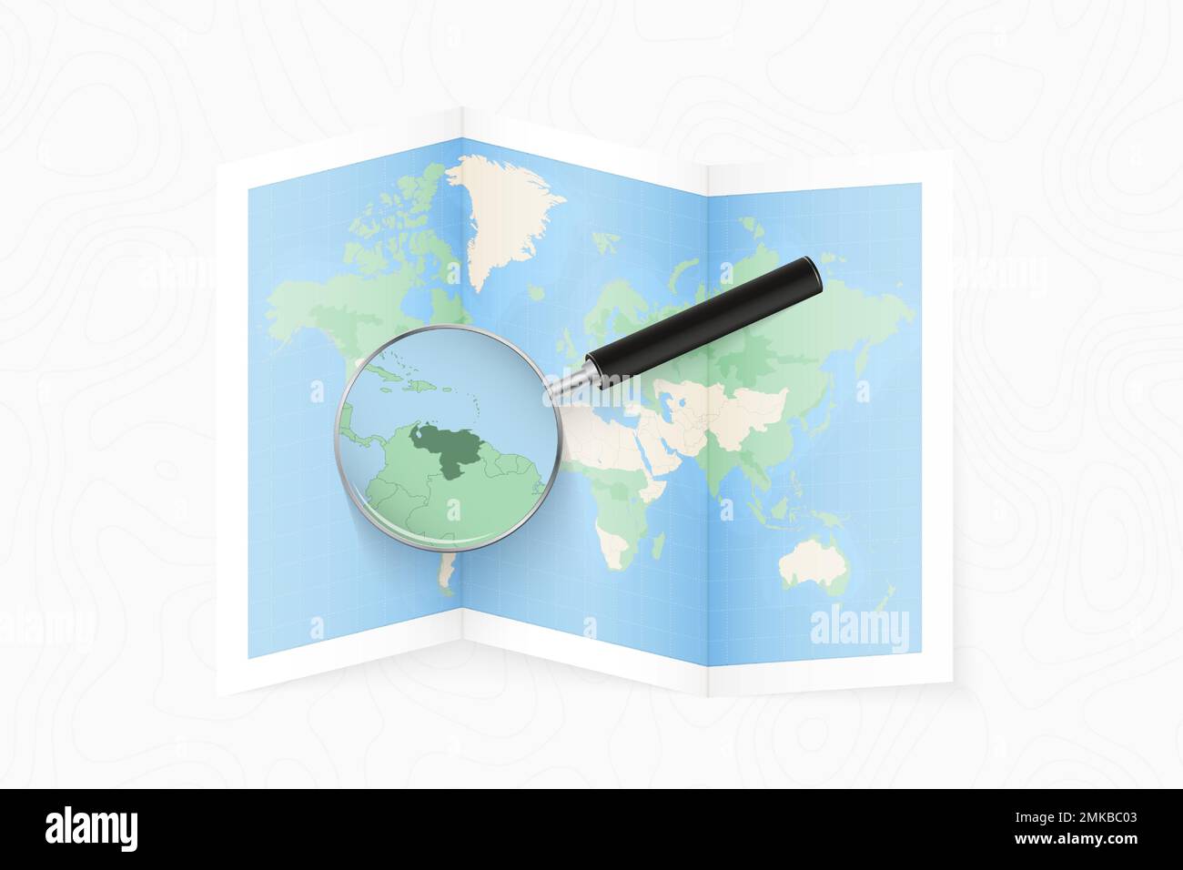 Vergrößern Sie Venezuela mit einer Lupe auf einer gefalteten Weltkarte. Vektorpapierkarte. Stock Vektor