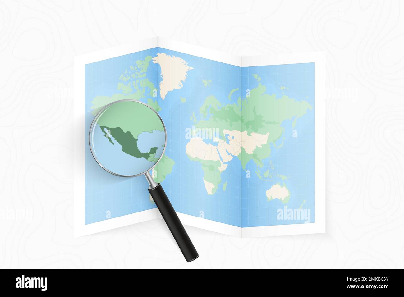 Vergrößern Sie Mexiko mit einer Lupe auf einer gefalteten Weltkarte. Vektorpapierkarte. Stock Vektor