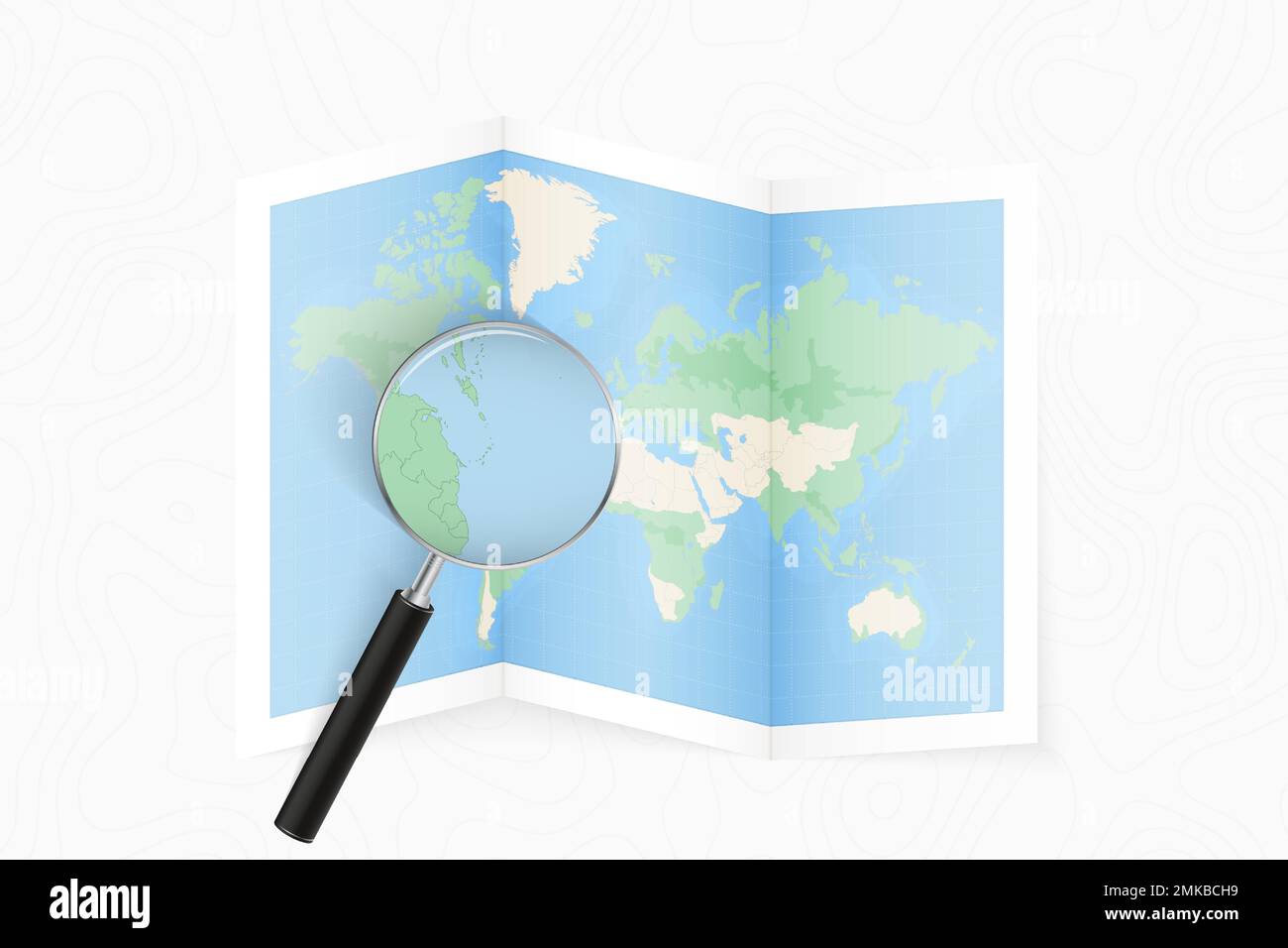 Vergrößern Sie Dominica mit einer Lupe auf einer gefalteten Weltkarte. Vektorpapierkarte. Stock Vektor