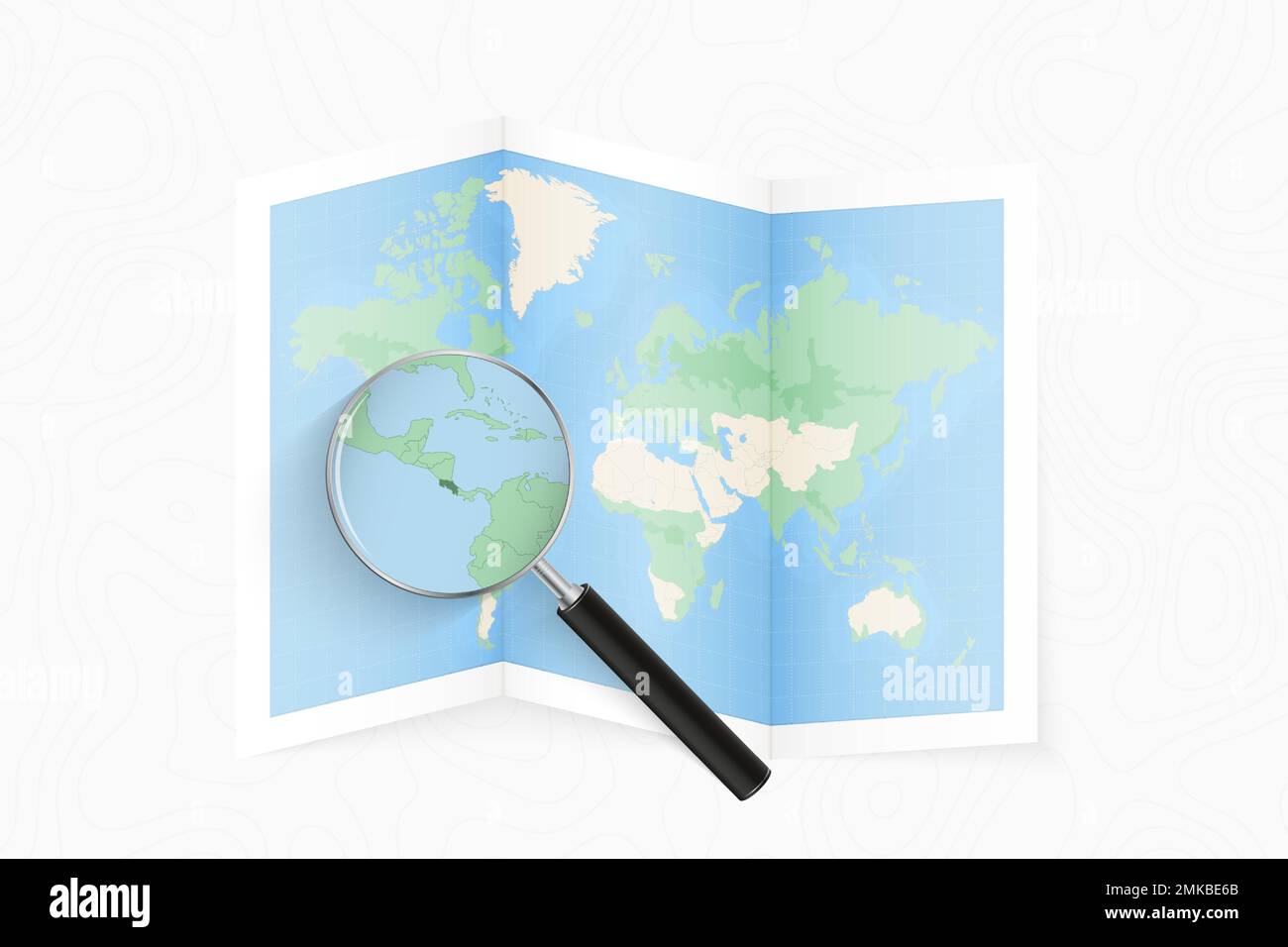 Vergrößern Sie Costa Rica mit einer Lupe auf einer gefalteten Weltkarte. Vektorpapierkarte. Stock Vektor