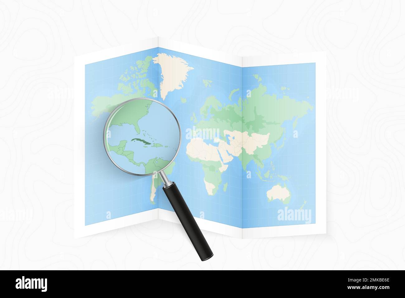 Vergrößern Sie Kuba mit einer Lupe auf einer gefalteten Weltkarte. Vektorpapierkarte. Stock Vektor