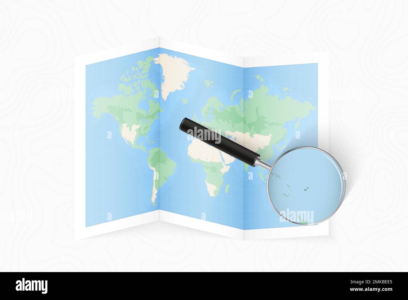 Vergrößern Sie Fidschi mit einer Lupe auf einer gefalteten Weltkarte. Vektorpapierkarte. Stock Vektor