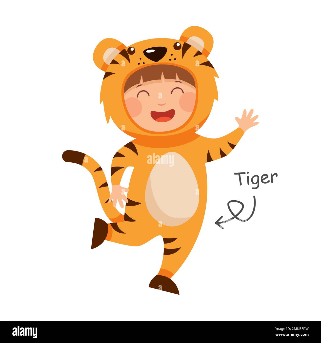 Das glückliche Kind trägt Tierkostüme von Tigern. Vector . Stock Vektor