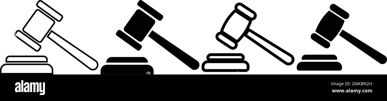 Gruppe von Symbolen für Hammer-Satz. Richter Hammer Kollektion flache Ikone. Symbol für Auktionshammer. Eine Hammer-Ikone in einem anderen Stil. Das Tribunal-Symbol - Aktienvektor. Stock Vektor