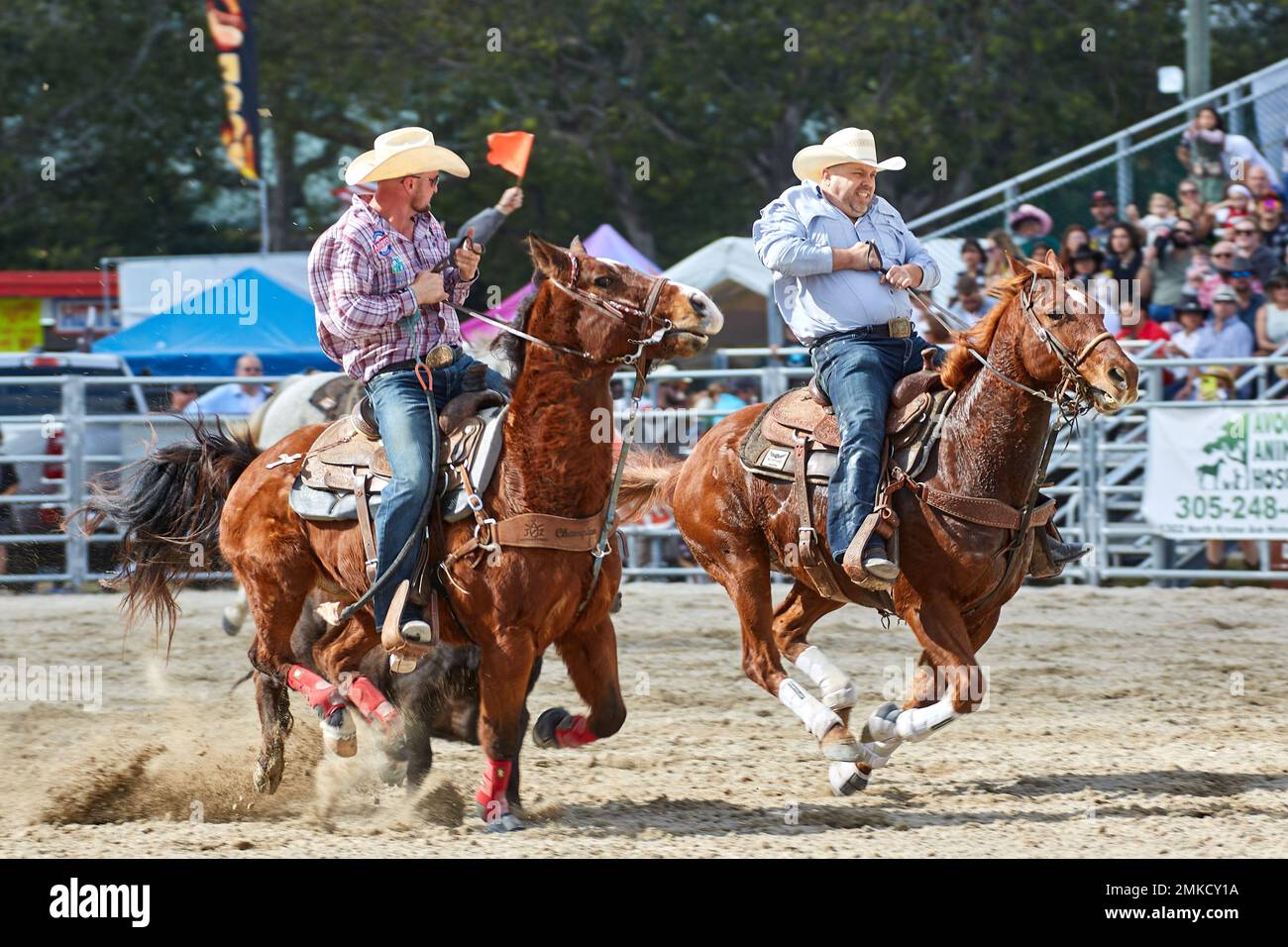 Homestead, FL, USA. 28. Januar 2023 74. Annual Homestead Championship Rodeo, präsentiert von Downrite Engineering und Spitzer Chrysler Dodge Jeep RAM von Homestead. Barrel Racing, Bullenreiten, Verzurren, Team Roping, Saddle Bronc Riding, Bareback Bronc Riding, Steer Wrestling, John Harrison Specialty Act, Homestead Everglades Posse Specialty Act. PRCA. Kredit: Yaroslav Sabitov/YES Market Media/Alamy Live News Stockfoto