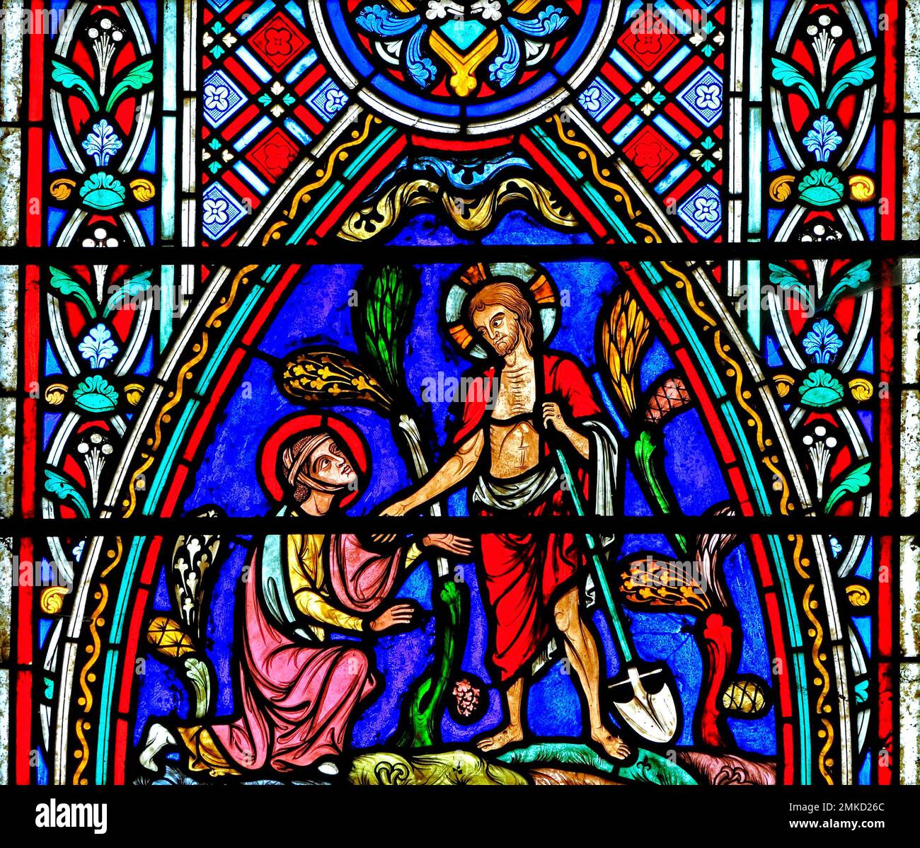 Mary Magdalene verwechselt den Christus für den Gärtner, Feltwell-Kirche, Buntglas von Didron von Paris, 1860, Fenster der Auferstehung, Norfolk Stockfoto