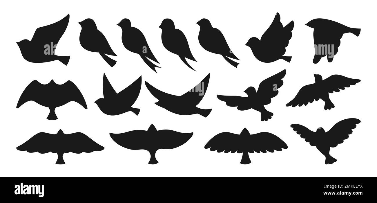 Silhouettenset in Vogeltaubenform. Moderne, abstrakte Vogelspatz- und Taubenfigur. Süße verschiedene einfache Contour Birds songbird Kollektion. Eingravierte grafische Elemente der Druckmaschine zeichnen Stock Vektor