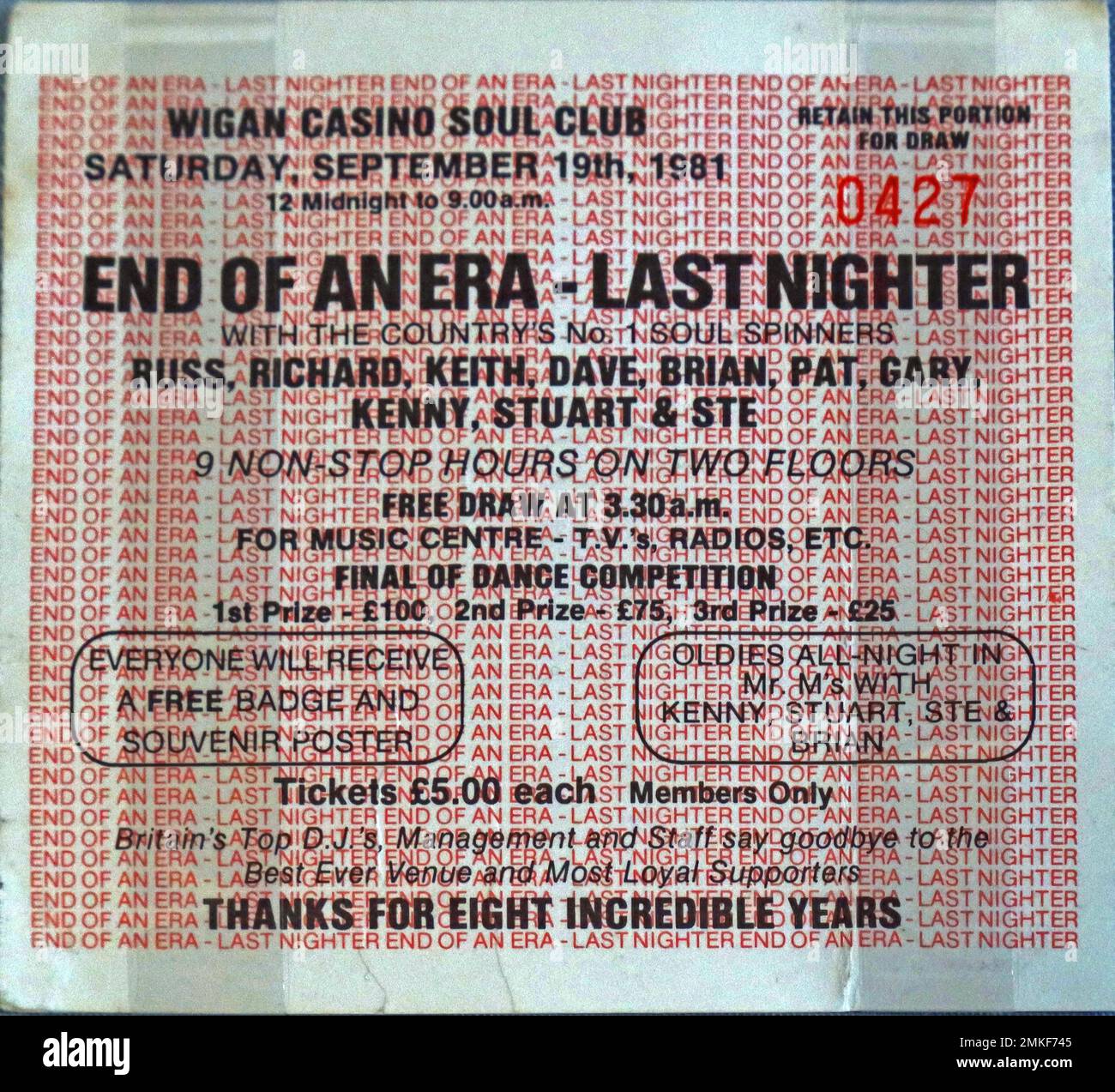 Wigan Casino Soul Club Ticket, allnight mit Russ, Richard, Keith, Dave und Brian, Kostenloses Unentschieden um 3:30am Uhr – Ende einer Ära – letzte Nacht Stockfoto