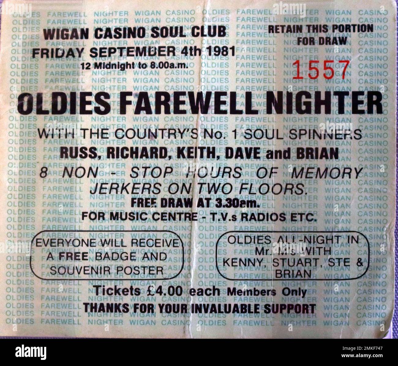 Wigan Casino Soul Club Ticket, allnight mit Russ, Richard, Keith, Dave und Brian, Kostenlose Verlosung um 3:30am, Freitag, 4. September 1981 Stockfoto