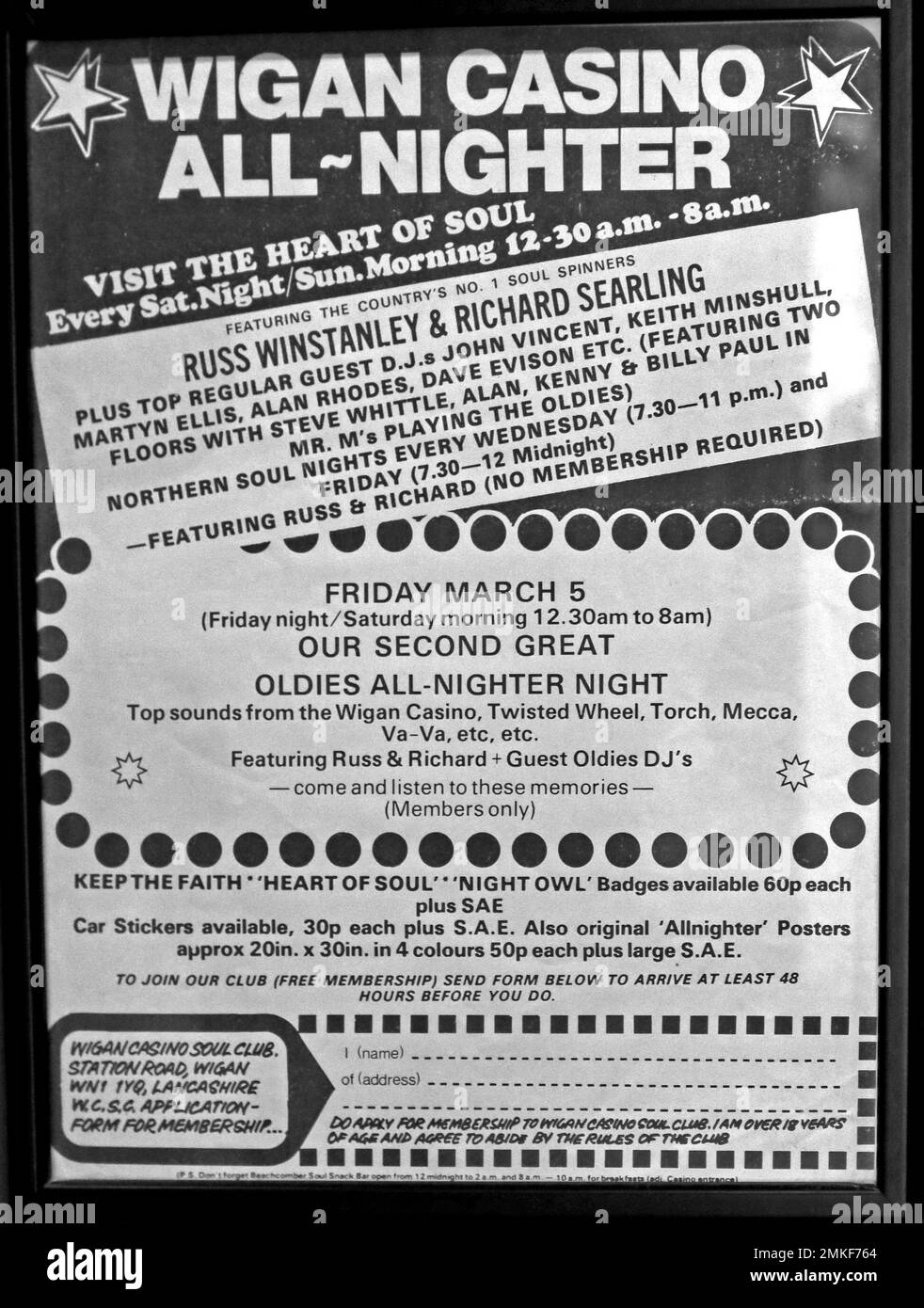 Wigan Casino Poster, All-Nighter, Visit the Heart of Soul 12:30-8am, mit Soul Spinners Russ Winstanley & Richard Sterling, Station Road, Wigan Stockfoto