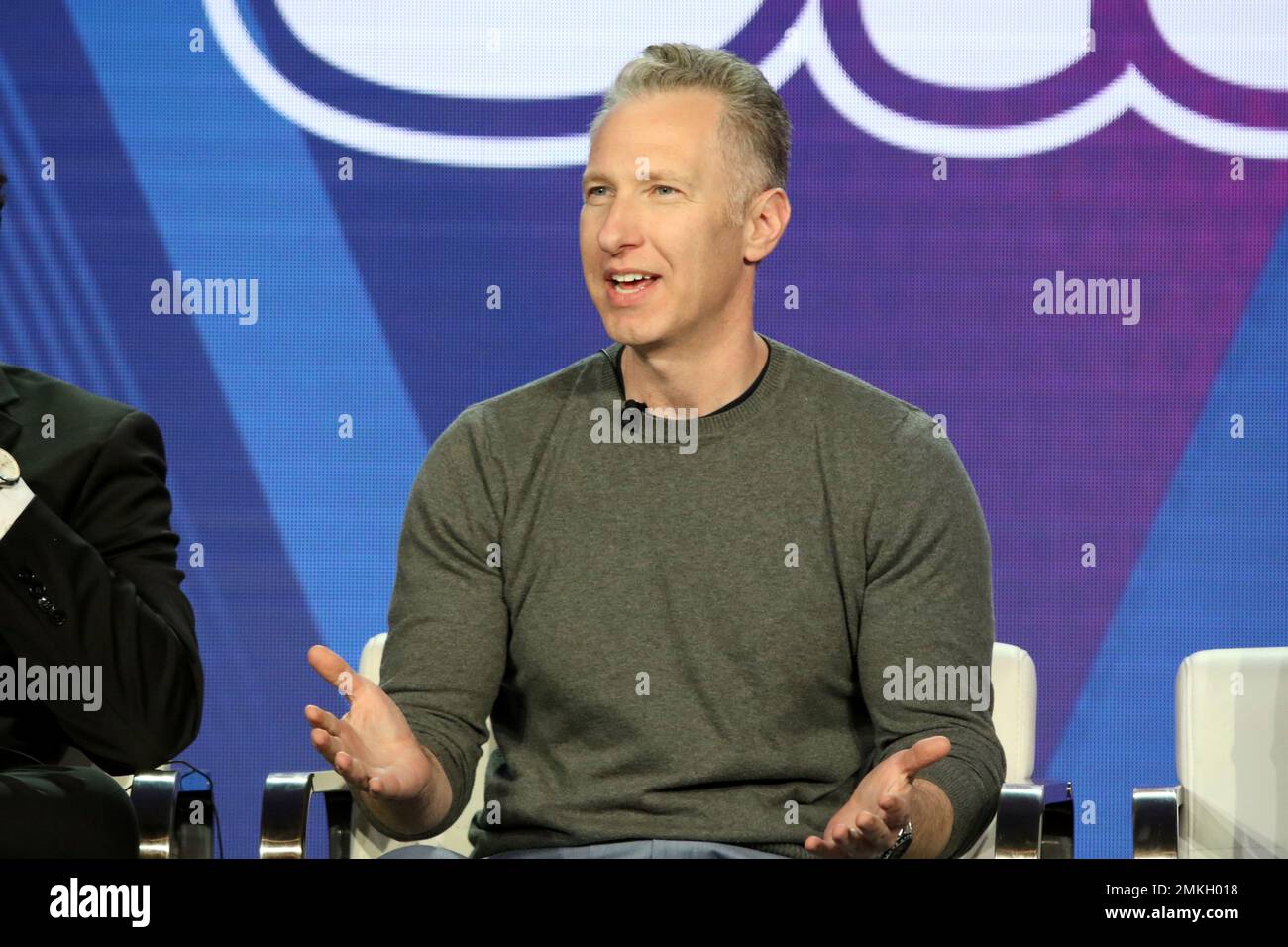 Michael Blieden participates in the "South Side" panel during the Comedy Central presentation at the Television Critics Association Winter Press Tour at The Langham Huntington on Monday, Feb. 11, 2019, in Pasadena, Calif. (Photo by Willy Sanjuan/Invision/AP) Stockfoto