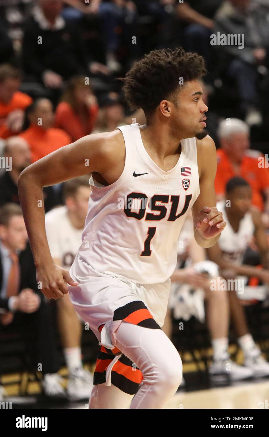 Oregon State's Stephen Thompson Jr. runs across the court during the second half of an NCAA college basketball game against Washington in Corvallis, Ore., Saturday, Jan. 26, 2019. (AP Photo/Amanda Loman) Stockfoto