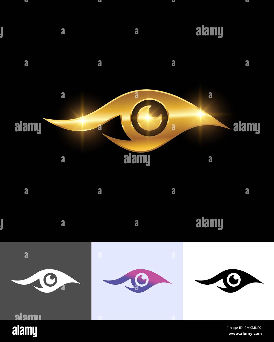 Ein Vektorabbildungssatz mit dem Vektorzeichen „Goldenes Auge“ auf schwarzem Hintergrund mit goldenem Glanzeffekt Stock Vektor