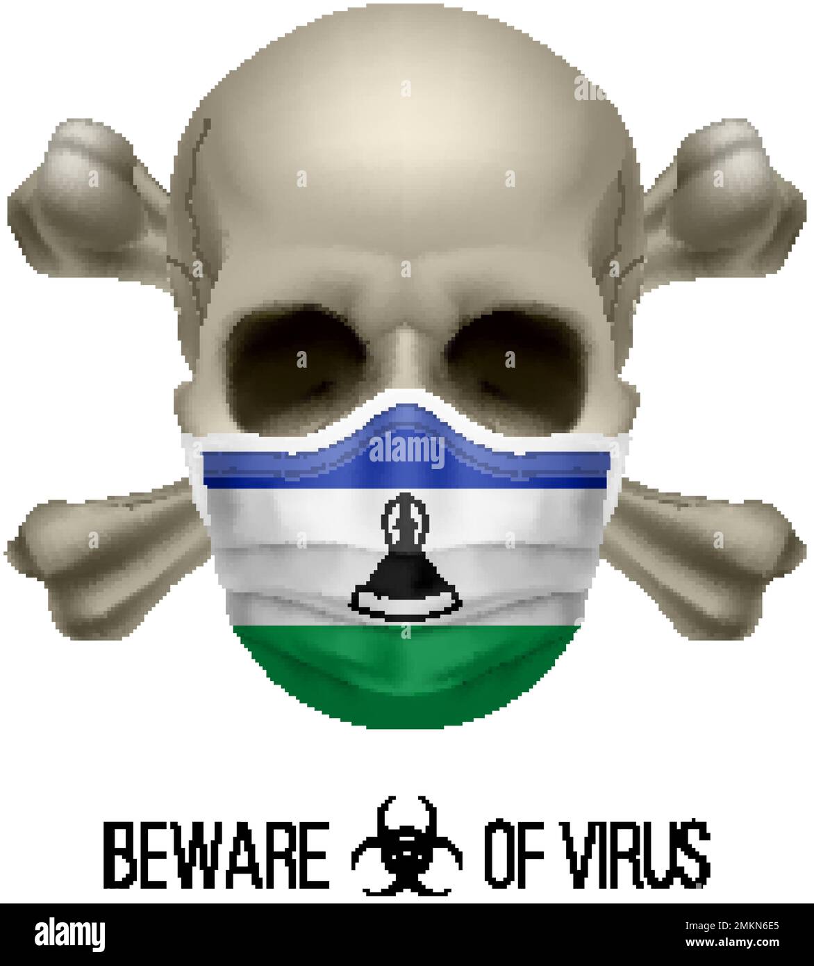Menschlicher Schädel mit Kreuz und Operationsmaske in der Farbe der Nationalflagge Lesotho. Maske in Form der Fahne und des Schädels als Konzept der dire Warning tha Stock Vektor