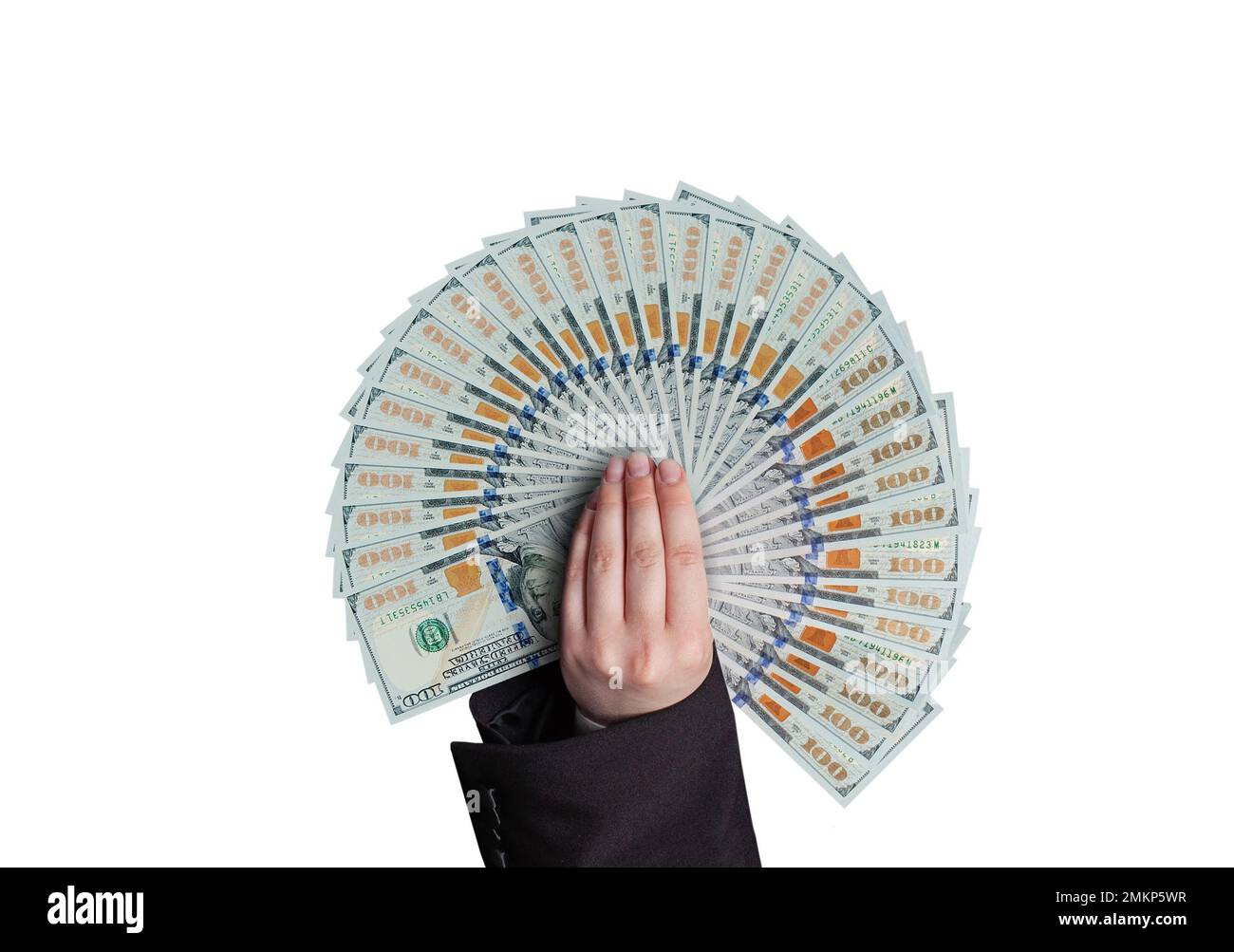 Business, Banking, Finance und Sparkonzept. US-Dollar-Geldscheine von hundert Dollar Scheine in der Hand eines Geschäftsmannes Stockfoto