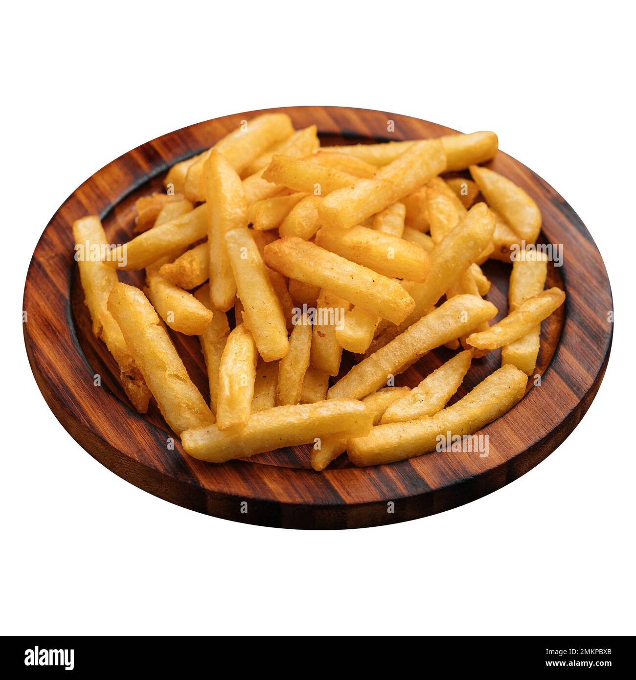 Portion pommes frites auf Holzteller Stockfoto