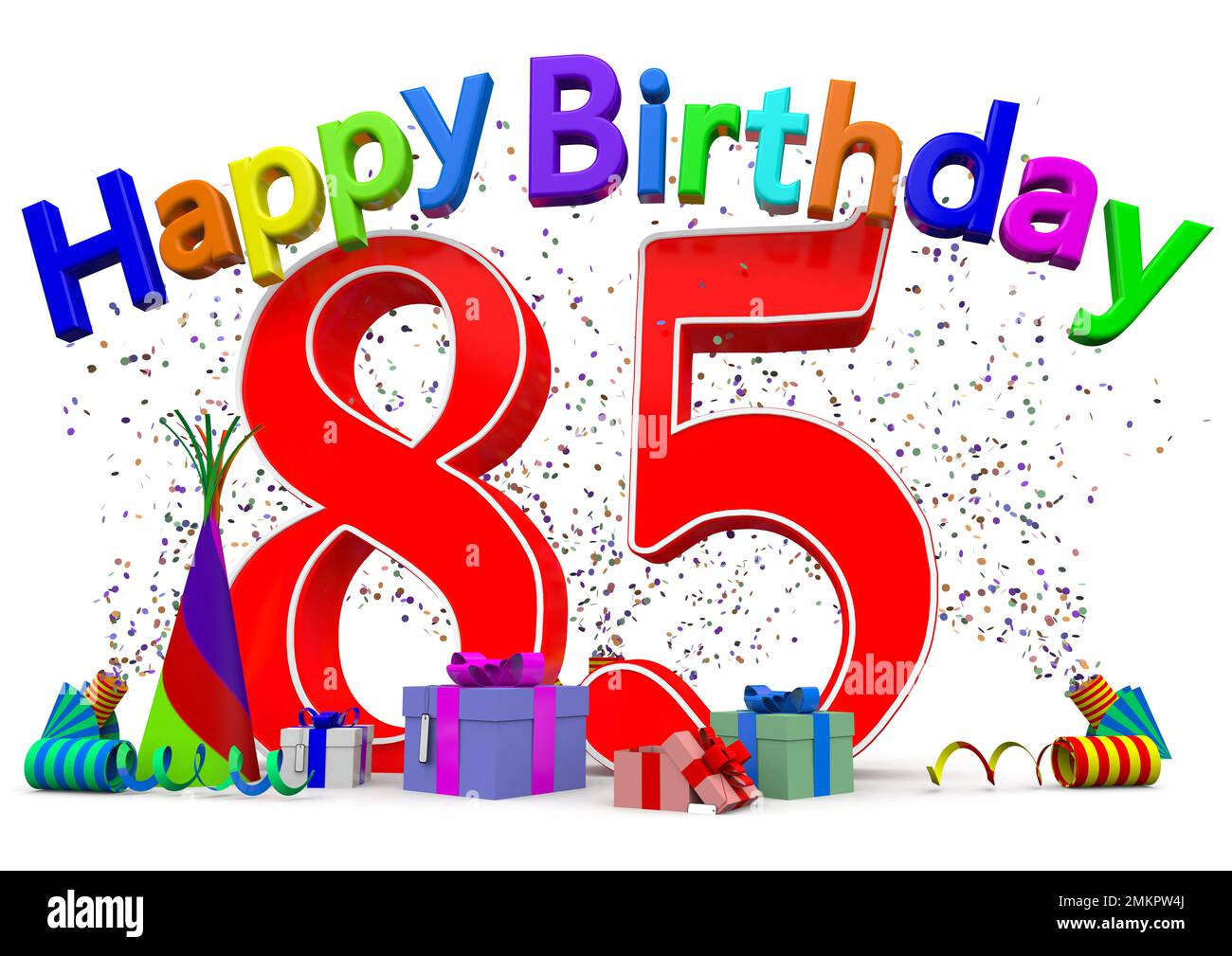Eine große Zahl mit Geschenken, Konfetti und dem Schriftzug Happy Birthday Stockfoto Eine große Zahl mit Geschenken, Konfetti und dem Schriftzug Happy Birthday Stockfoto