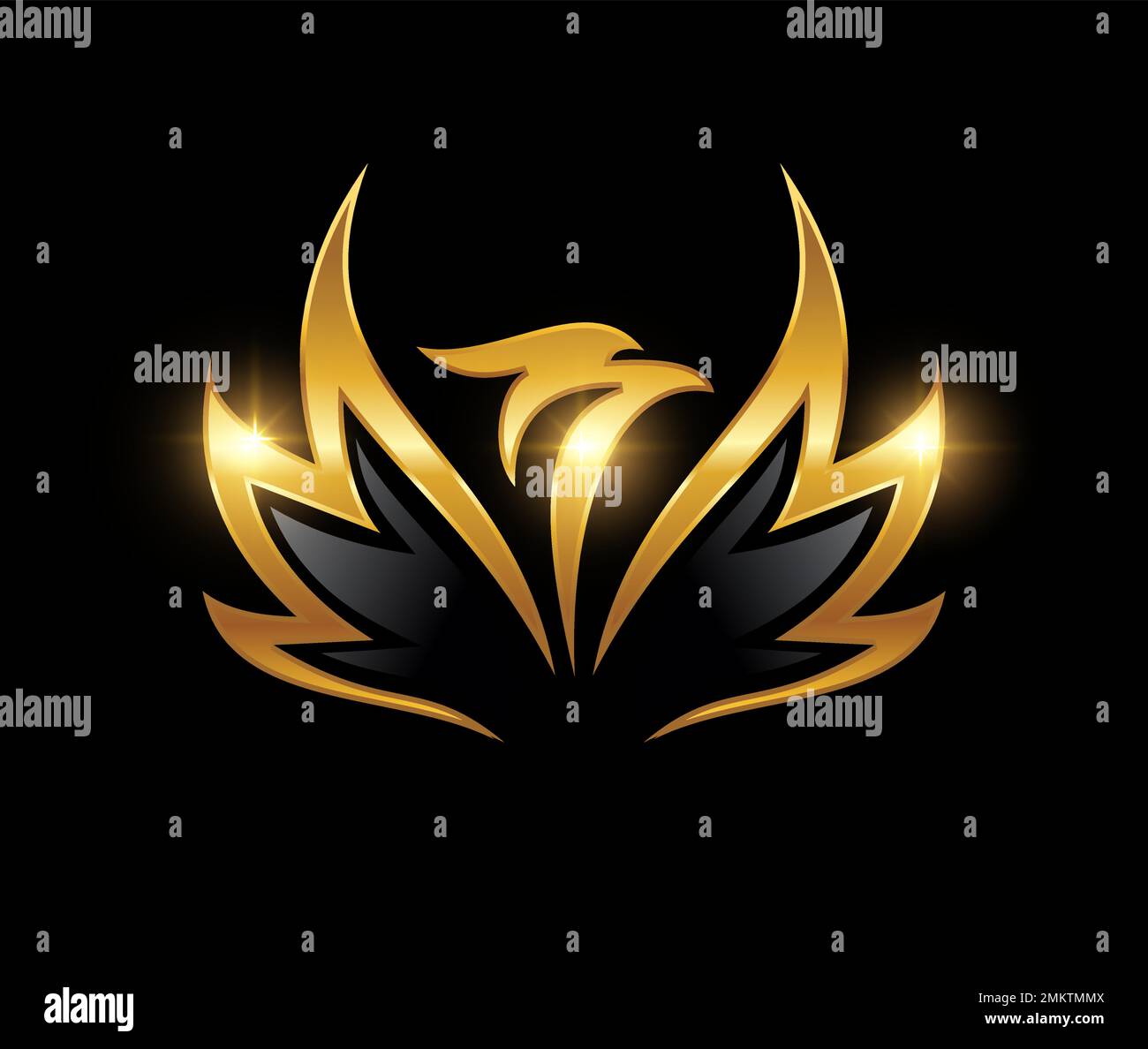 Eine Vektordarstellung des Logos „Goldener Adler mit Vogelmotiv“ auf schwarzem Hintergrund Stock Vektor