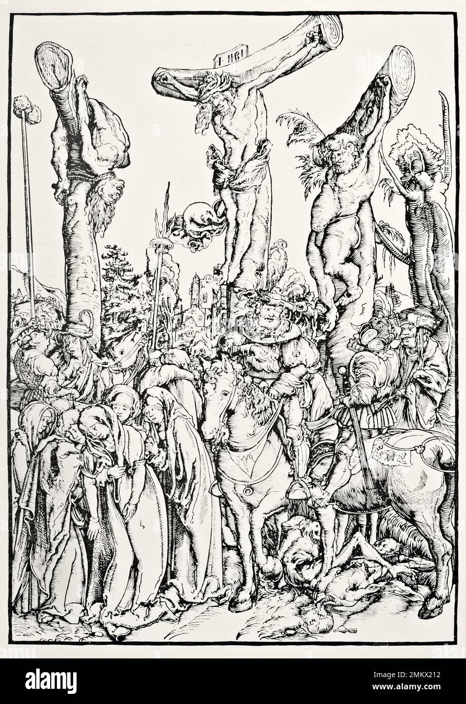 Die Kreuzigung 1502. Lucas Cranach der Ältere, berühmter Maler und Gravierer. Stockfoto