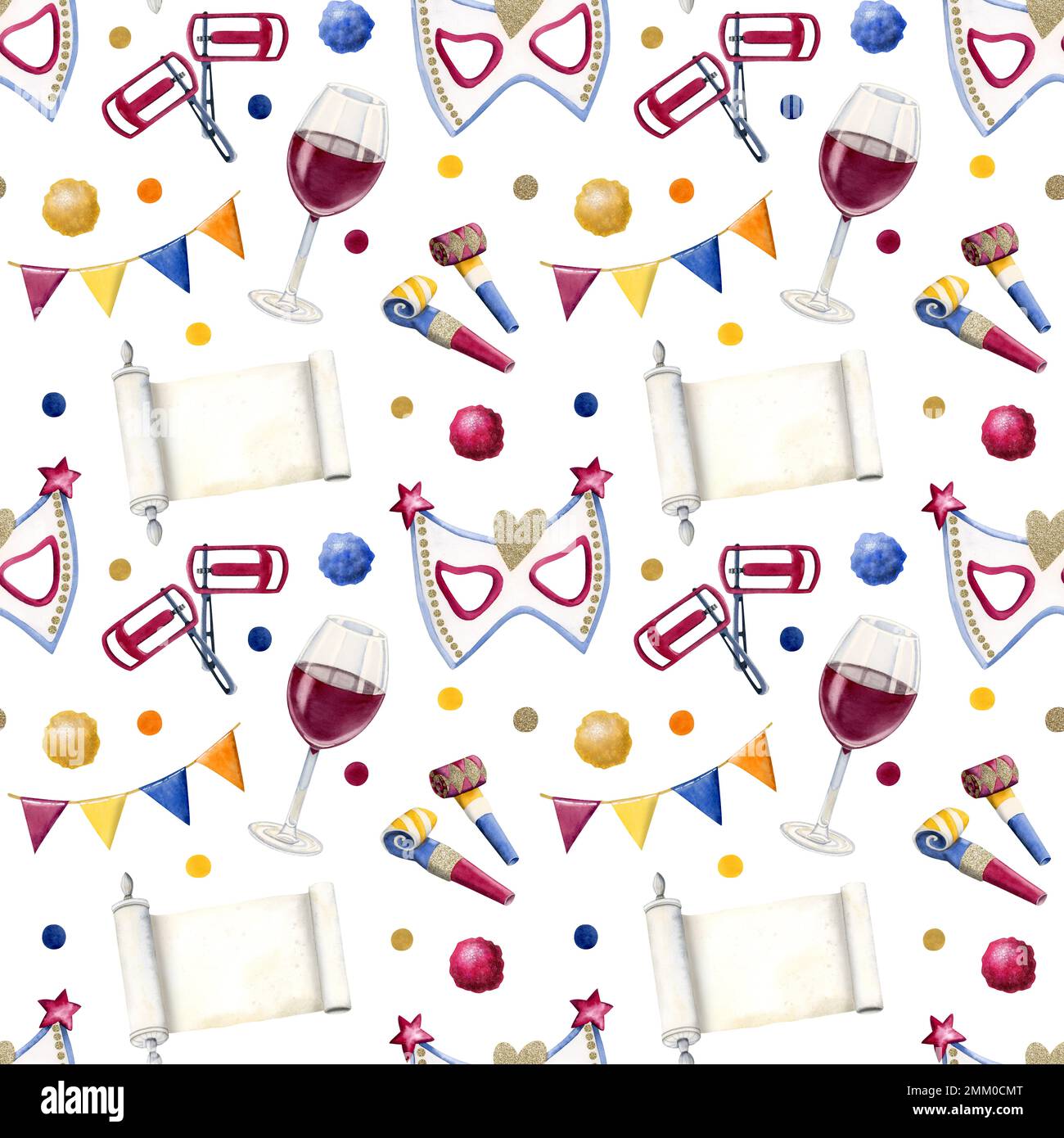 Nahtloses Karneval-Muster mit jüdischen Purim-Symbolen, Masken, Madilat Esther, Wein auf weißem Hintergrund für Geschenkpapier und Einladungen Stockfoto