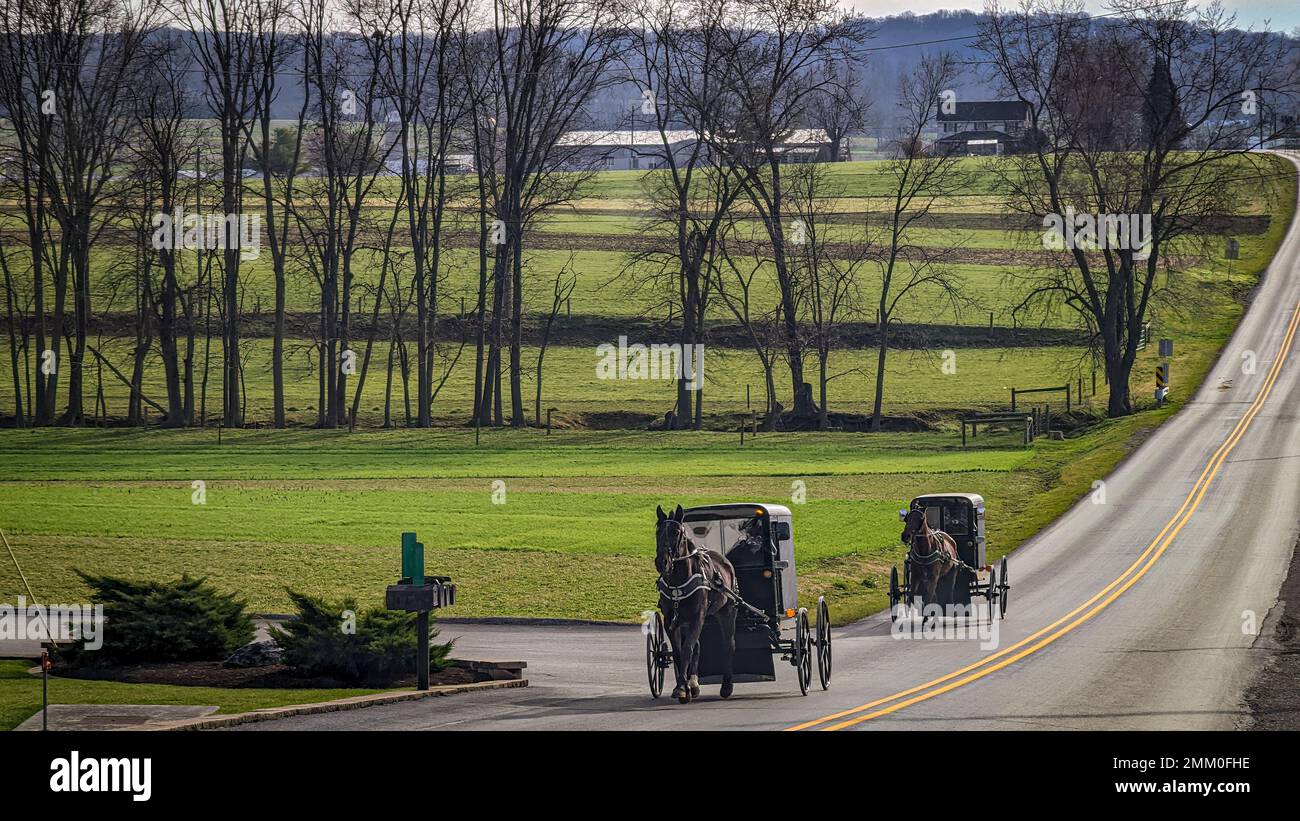 Ein Blick auf zwei Amish-Pferde und Buggys, die an einem sonnigen Dezember-Tag durch eine Landstraße durch die Felder fahren, und ein Schulhaus mit einem Zimmer Stockfoto