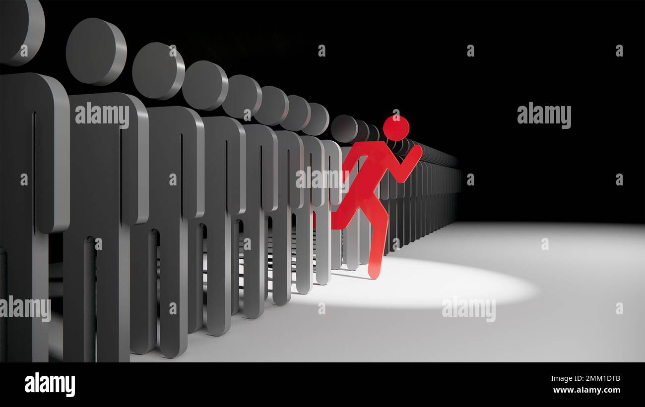 Die menschliche rote 3D-Strichmännchen-Figur ragt aus der Menge hervor, 3D-Abbildung Stockfoto