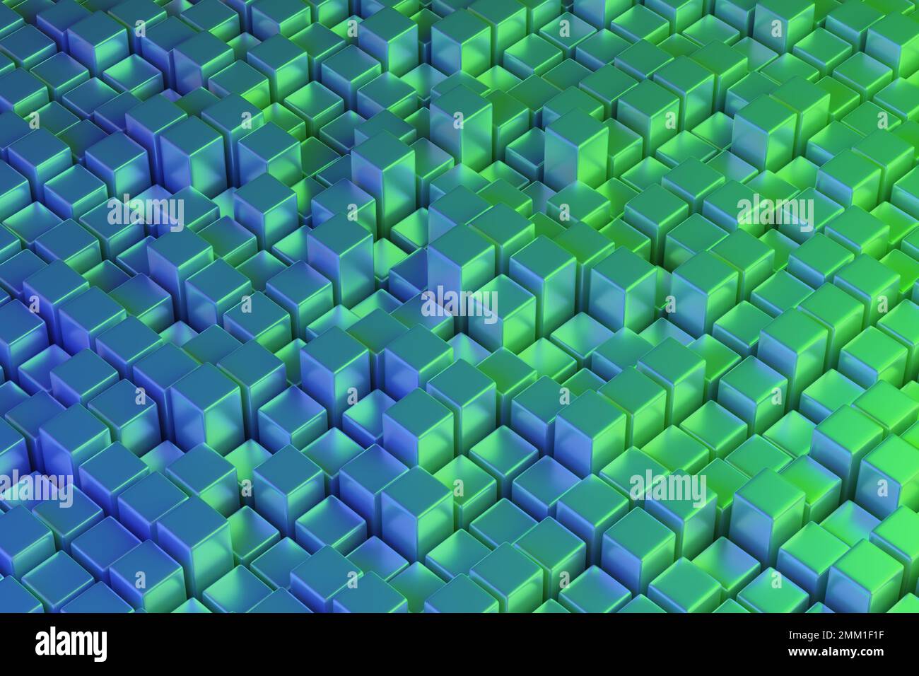 Grüne und blaue viereckige Prismen. Isometrischer abstrakter Hintergrund. 3D Abbildung. Stockfoto