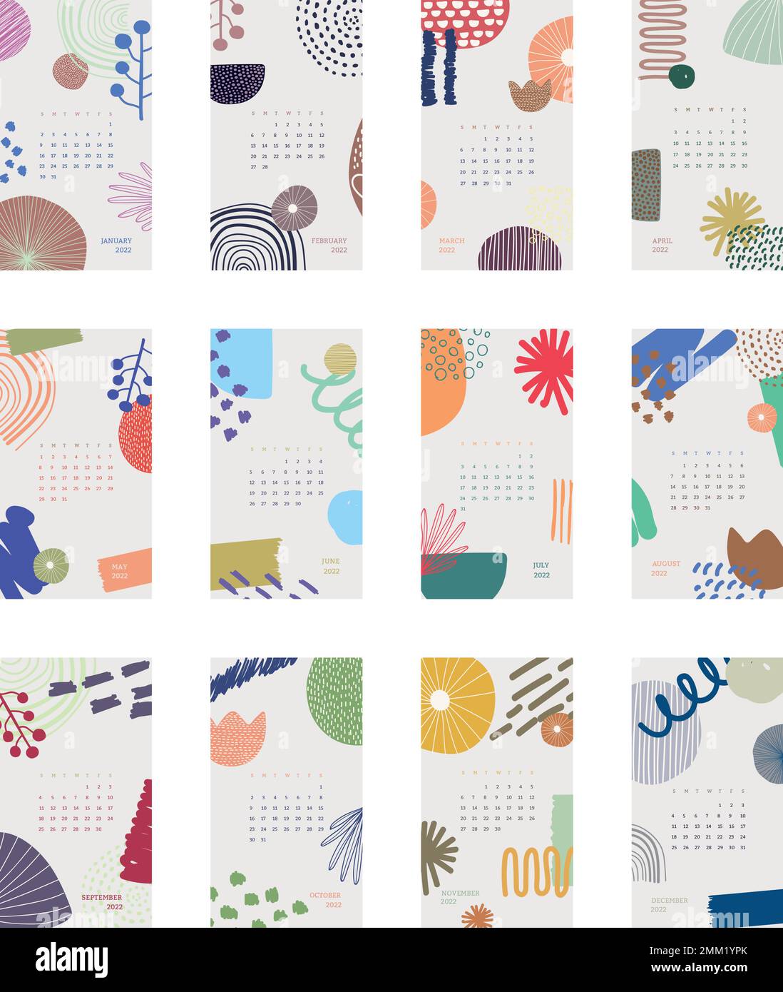 Abstract 2022 Monatskalender Vorlage, floral memphis iPhone Wallpaper Vektor-Set Stock Vektor
