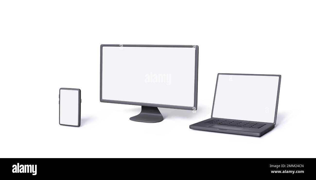 Laptop-PC-Monitor und Smartphone-Modell. 3D Geräte. Vorlage für realistische Computergeräte für Bannerdesign für Unternehmen. Vektordarstellung isolieren Stock Vektor