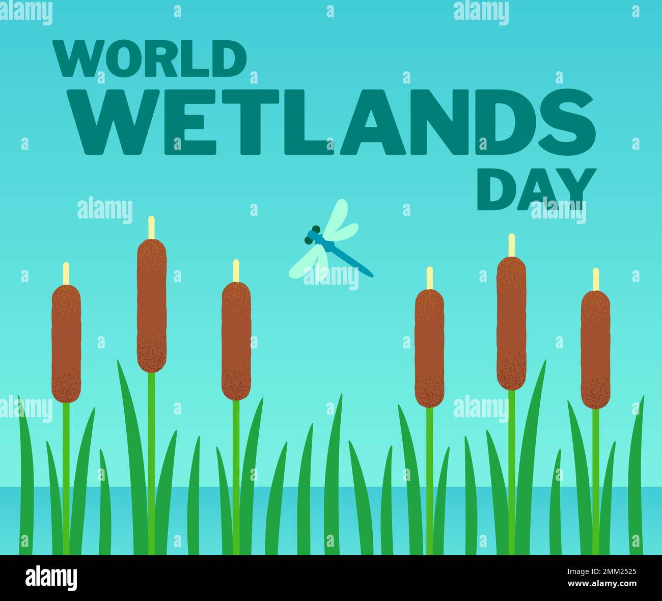 Banner zum Welttag der Feuchtgebiete, flache Vektordarstellung. Wasser mit Katteln und Libelle, einfache Cartoon-Landschaft. Stock Vektor