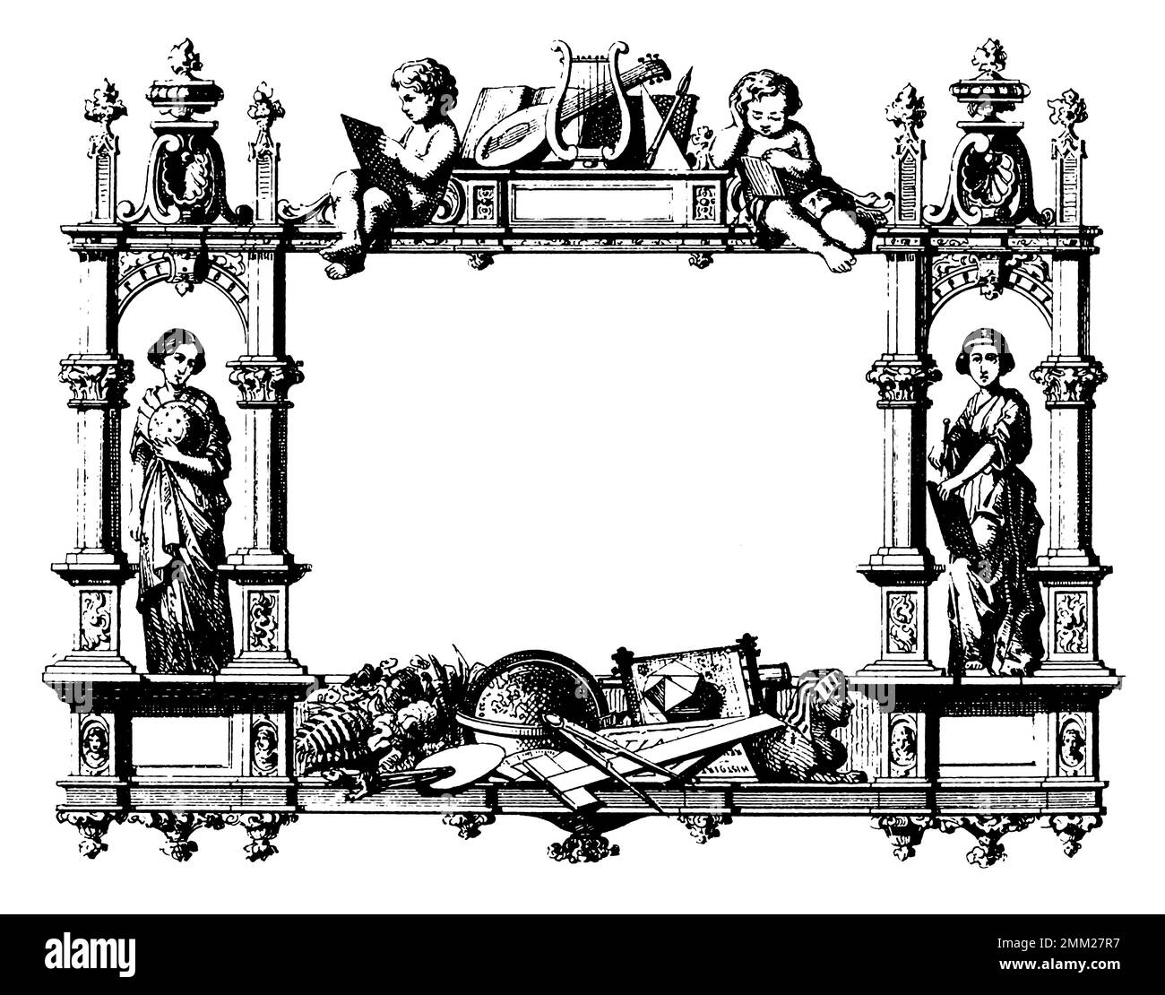 Antike Gravur der typographischen Dekoration - Kunst und Wissenschaft. Veröffentlicht in Probe-Album, Buchdruckerei Julius Klinkhardt, Leipzig, Deutschland (1881). Stockfoto