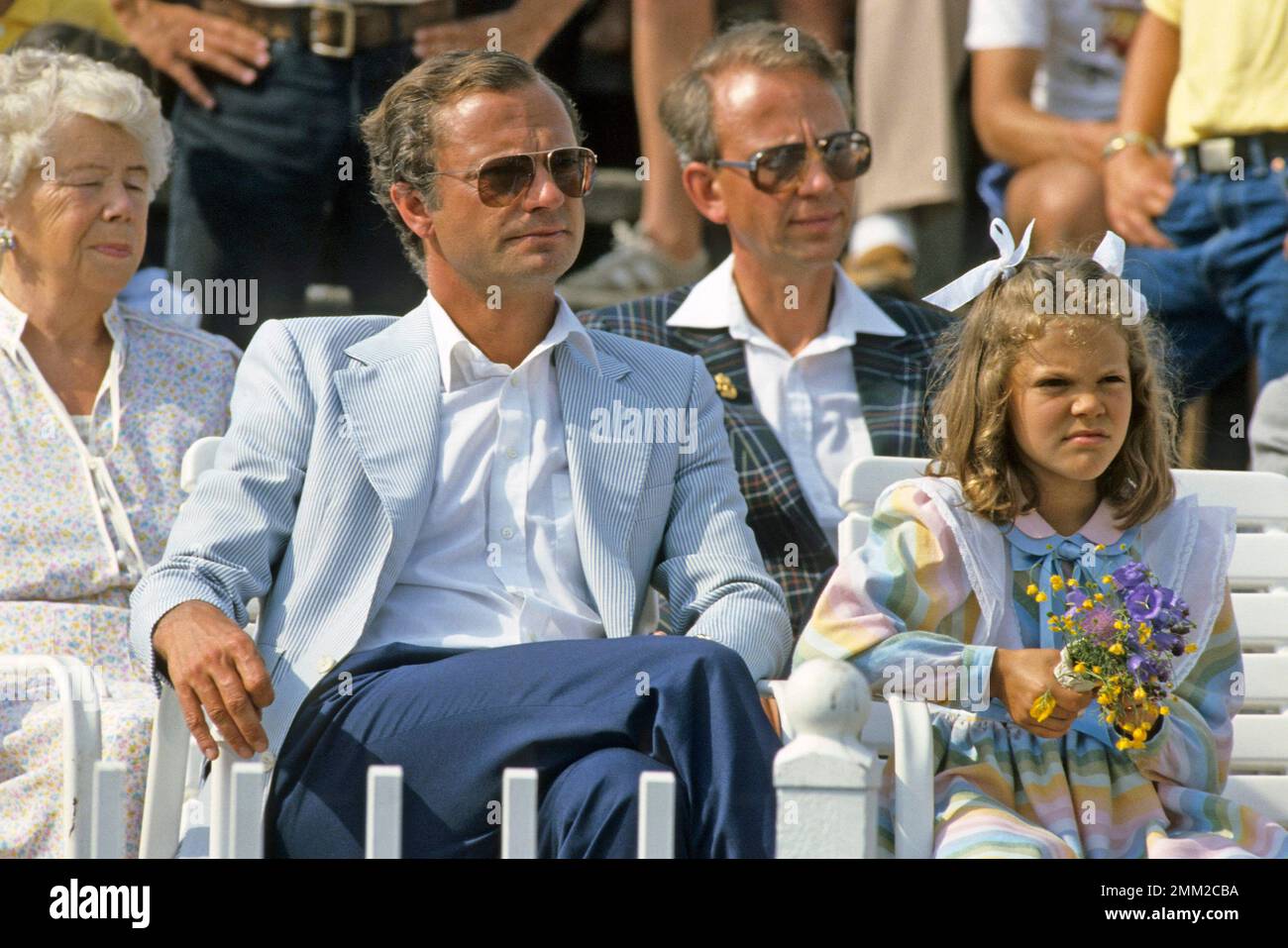 Carl XVI Gustaf, König von Schweden. Geboren am 30. april 1946. König Carl XVI. Gustaf und seine Tochter Kronprinzessin Victoria am 14. juli 1985. Stockfoto