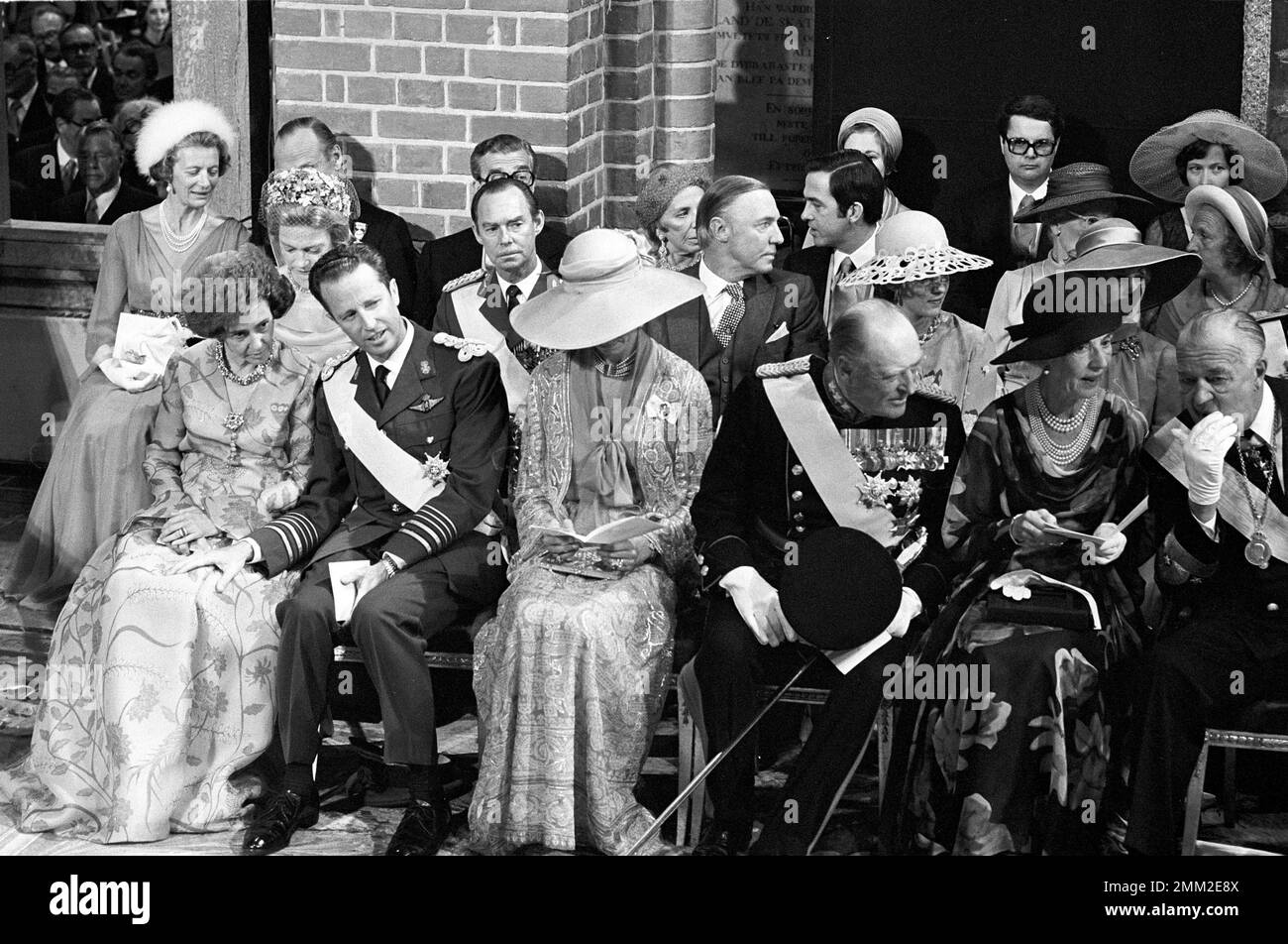 Hochzeit von Carl XVI Gustaf und Silvia Sommerlath. Carl XVI Gustaf, König von Schweden. Geboren am 30. april 1946. Die Hochzeit am 19. juni 1976 in Stockholm. Hochzeitsgäste König Baudouin von Belgien, Königin Fabiola von Belgien, König Olav V. von Norwary, Königin Ingrid von Dänemark, Stockfoto
