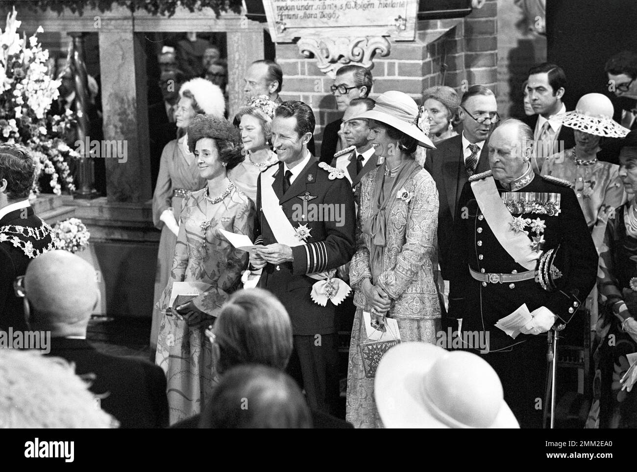 Hochzeit von Carl XVI Gustaf und Silvia Sommerlath. Carl XVI Gustaf, König von Schweden. Geboren am 30. april 1946. Die Hochzeit am 19. juni 1976 in Stockholm. Hochzeitsgäste König Baudouin von Belgien, Königin Fabiola von Belgien, König Olav V. von Norwary, Königin Ingrid von Dänemark, Stockfoto