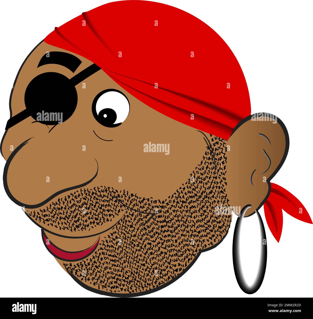 Stilisierte Illustration eines fröhlichen englischen Piratenkopfes mit rotem Bandana, Augenklappe und Ohrring. Perfekt für die redaktionelle Verwendung in Piratengeschichten, maritim Stock Vektor