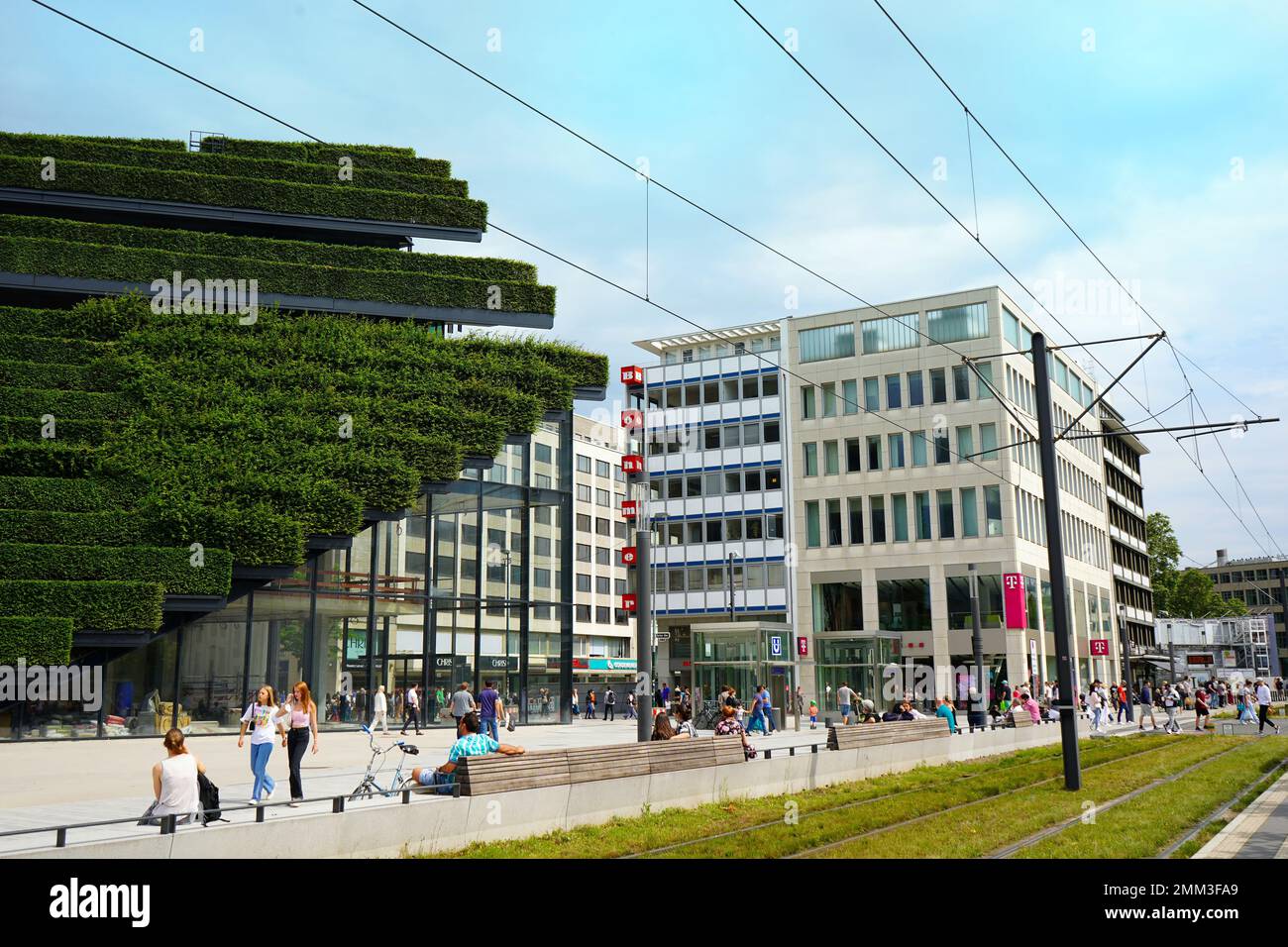 Klimafreundliches Gebäude mit Hornbuchenhecken am innovativen Kö-Bogen II in Düsseldorf von Ingenhoven Architects. Stockfoto