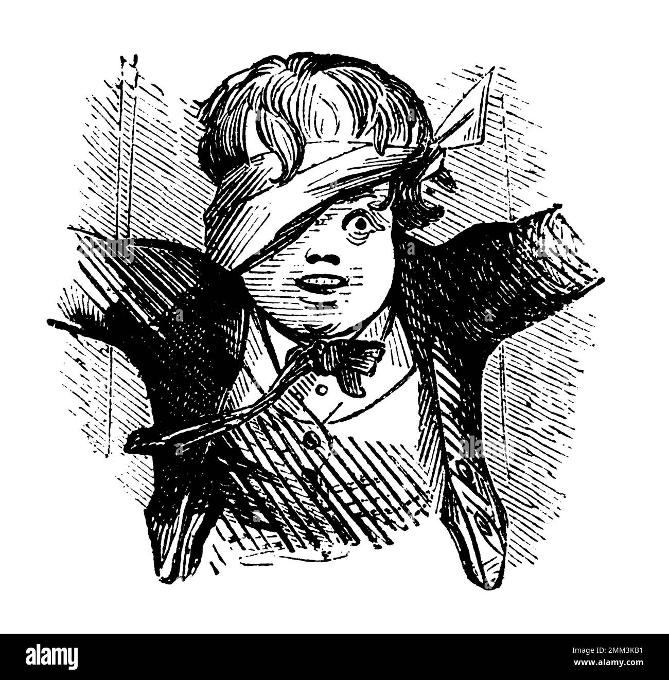 Eine antike Illustration, die einen Jungen darstellt, der Blinden-Mann-Fan spielt, ein Kinderspiel, eine Variante von Tag. Veröffentlicht im American's Boy Book of Sports and Games, Stockfoto