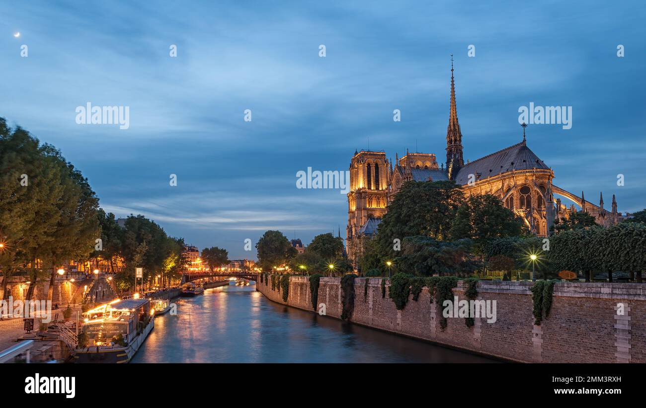 PARIS, FRANKREICH - 06. MAI 2011: Außenansicht der Kathedrale Notre-Dame auf der Ile de la Cite bei Nacht Stockfoto