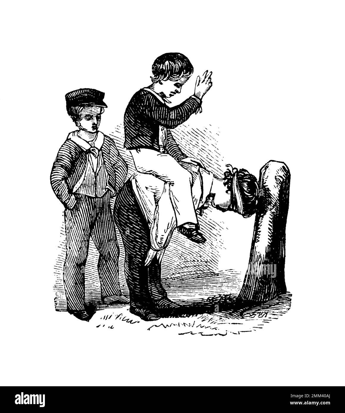 Antike Illustration von Buck, Buck, wie viele Hörner halte ich hoch - ein Outdoor-Spiel, das am besten für drei Spieler geeignet ist, auch bekannt als Johnny on a Pony. Veröffentlicht i Stockfoto