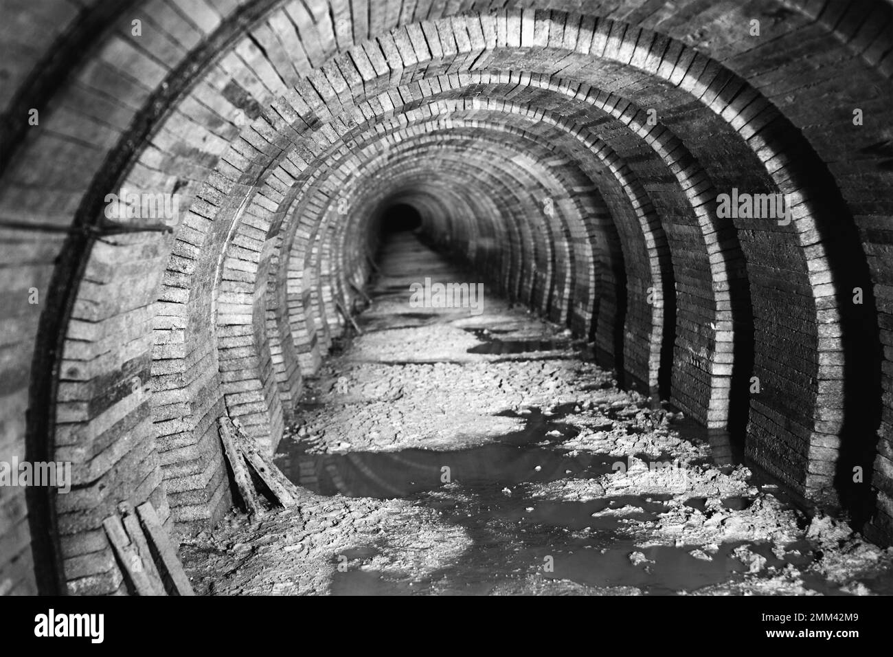 Adit 'Štola smrti' in 'Amerika' Kalksteinkomplex, tschechischer Karst. Flacher Fokus auf Bögen auf Neubauer-Betonverstrebungen. Auf Film aufgenommen. Stockfoto