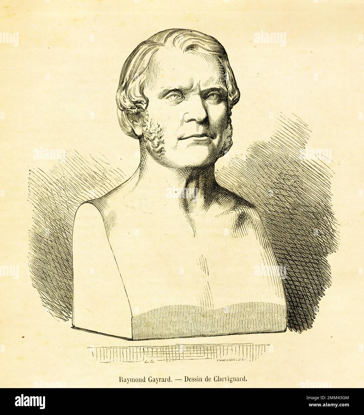 Gravur mit Büste von Raymond Gayrard, französischem Bildhauer. Er wurde am 3. September 1807 in Clermont-Ferrand, Frankreich, geboren und starb 1855 in Enghien Stockfoto