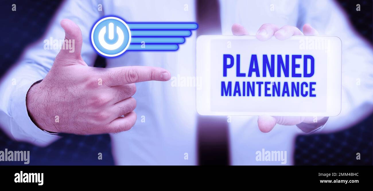 Textzeichen mit planmäßiger Wartung. Internet Concept Check-ups werden regelmäßig geplant Stockfoto