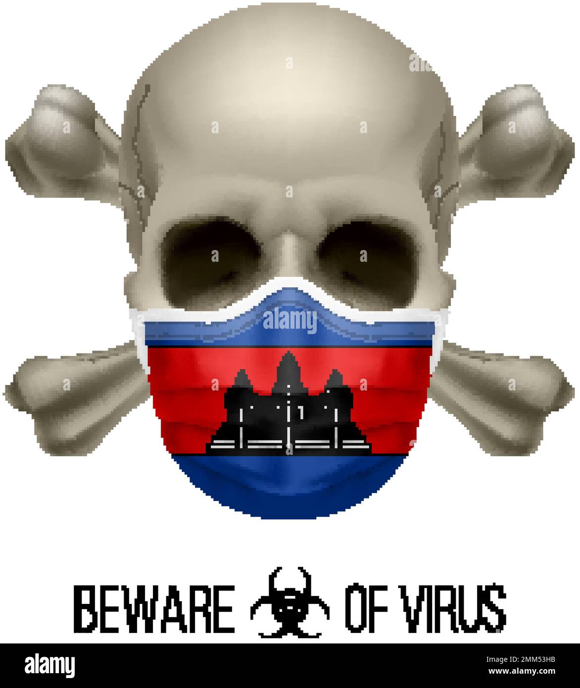 Menschlicher Schädel mit Kreuz und Operationsmaske in der Farbe der Nationalflagge Kambodscha. Maske in Form der kambodschanischen Fahne und des Schädels als Begriff des Dire Stock Vektor