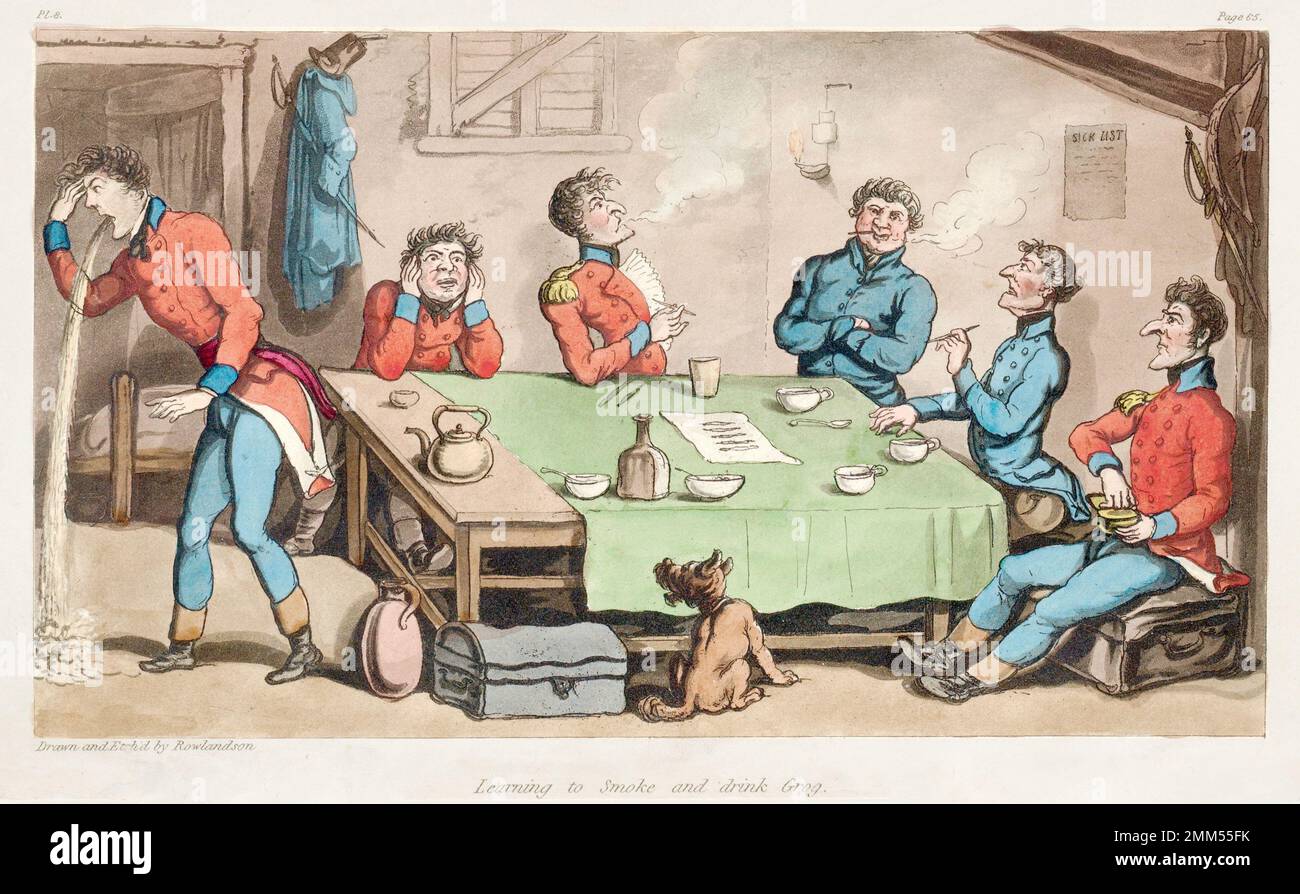 Thomas Rowlandson - Rauchen und Trinken lernen Grog aus dem Militär-Abenteuer von Johnny Newcome - fünf Offiziere sitzen, trinken und rauchen - 1815 Stockfoto